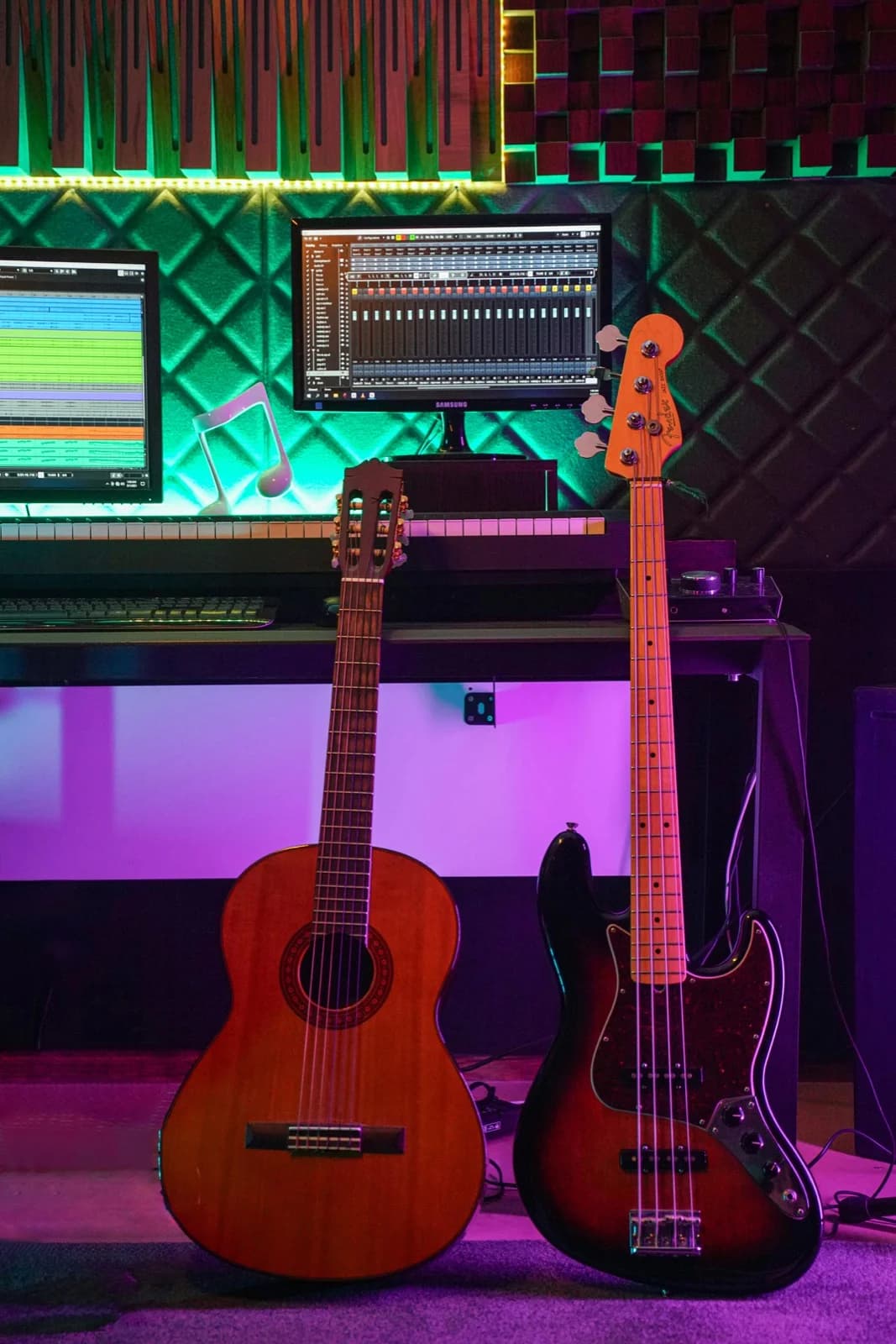 Two guitars in a music production studio